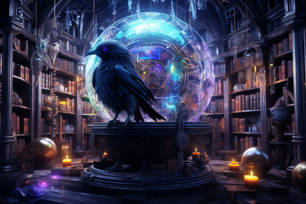 Raven and Crystal Ball in Oddity Shop